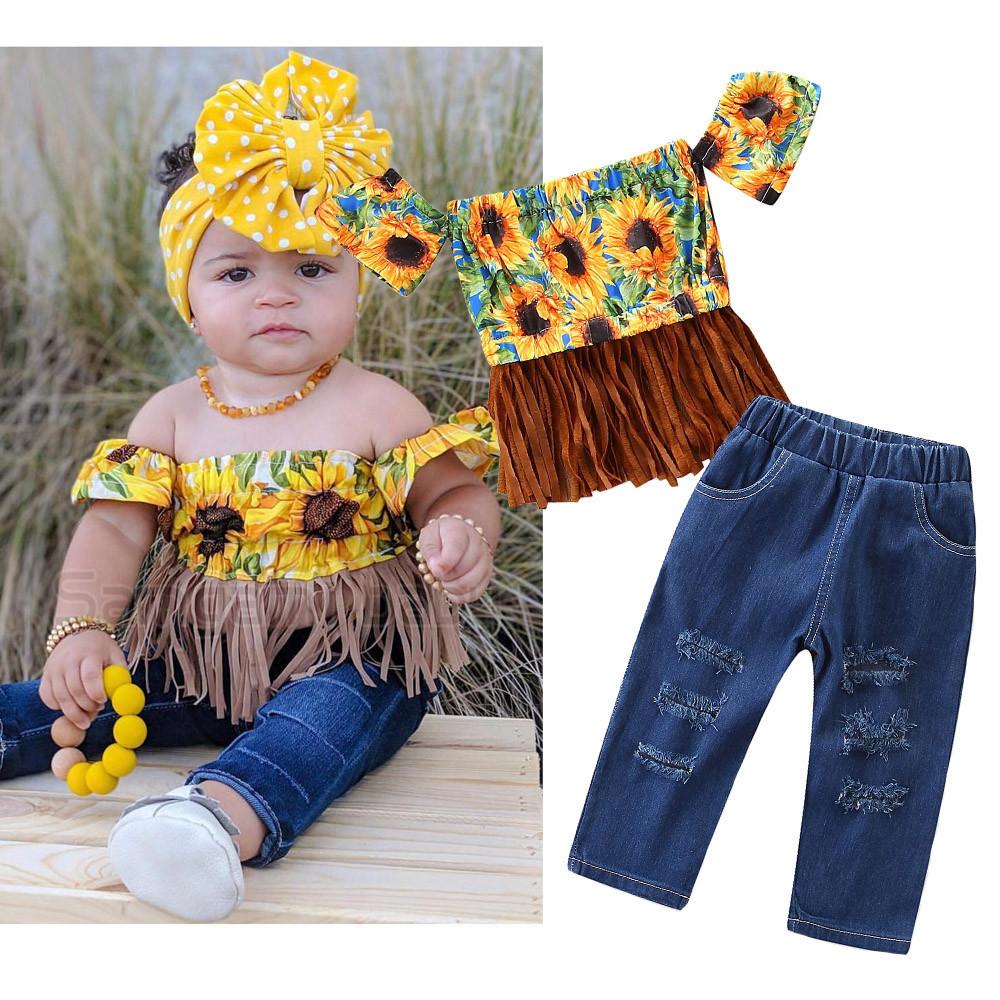 Sunflower Off Shoulder Tassel Crop T-shirt + Denim Hole Pants Jeans