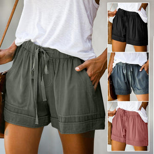 Women Drawstring Elastic Waist Comfy Pure Color Shorts with Pockets