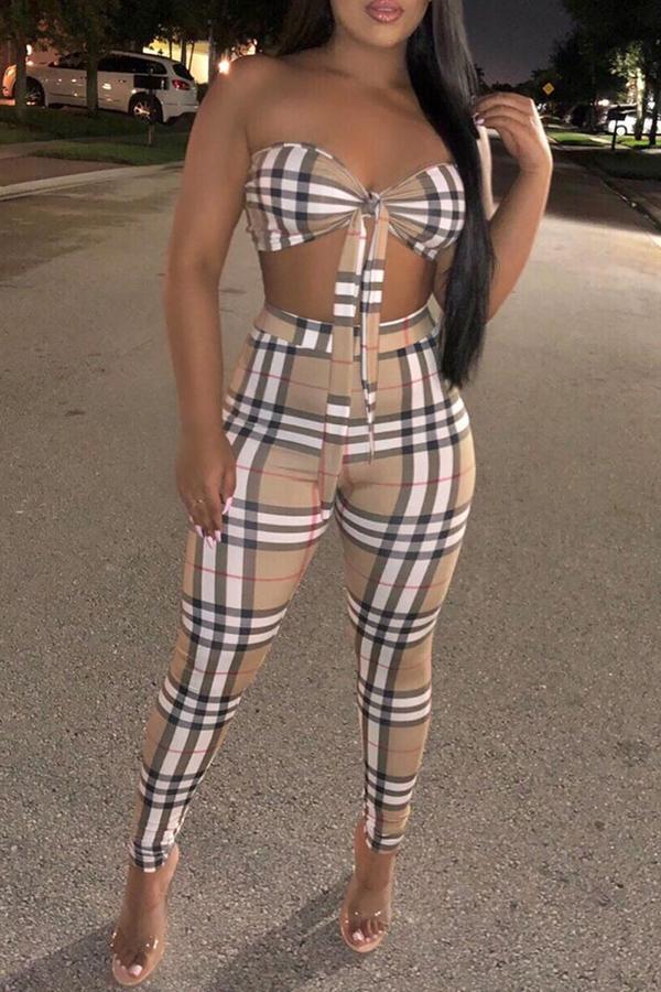 Casual Off The Shoulder Plaid Printed Two-piece Pants Set