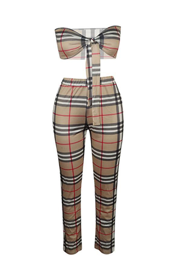 Casual Off The Shoulder Plaid Printed Two-piece Pants Set