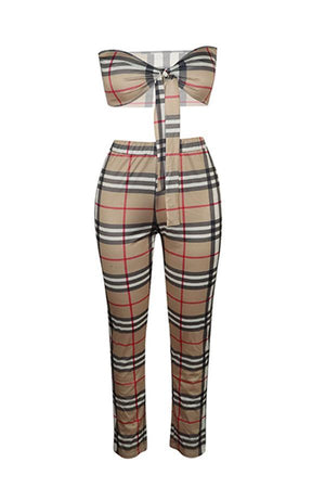 Casual Off The Shoulder Plaid Printed Two-piece Pants Set