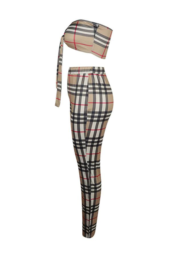 Casual Off The Shoulder Plaid Printed Two-piece Pants Set
