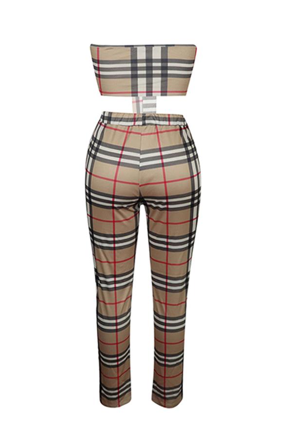 Casual Off The Shoulder Plaid Printed Two-piece Pants Set