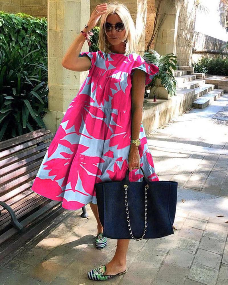 Women Loose Flower Print Midi Dress
