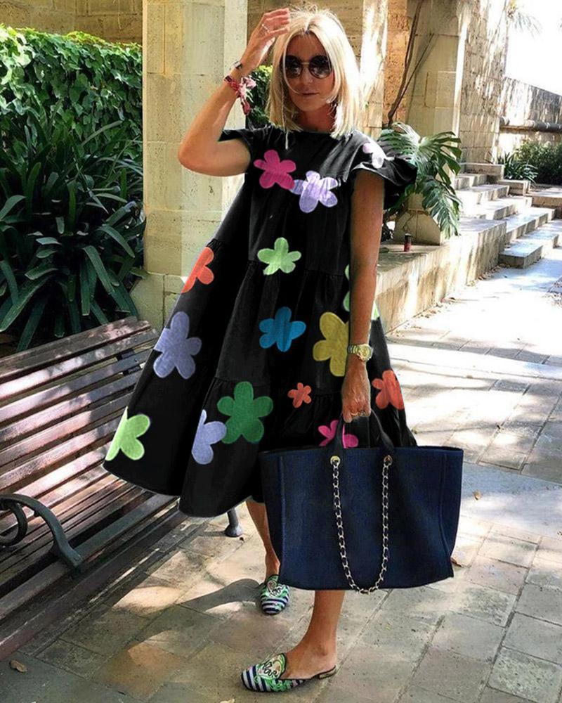 Women Black Loose Flower Print Midi Dress