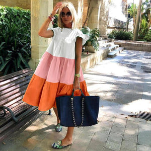 Women Loose Orange Stitching Midi Dress