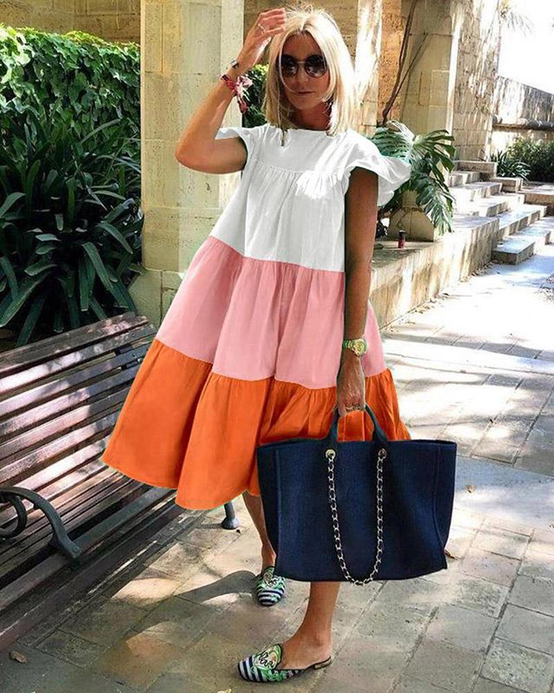 Women Loose Orange Stitching Midi Dress