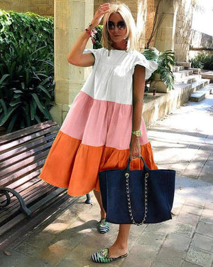Women Loose Orange Stitching Midi Dress