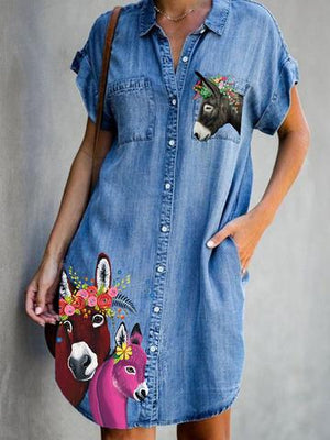 Donkey Animal Print Pockets Denim Dresses