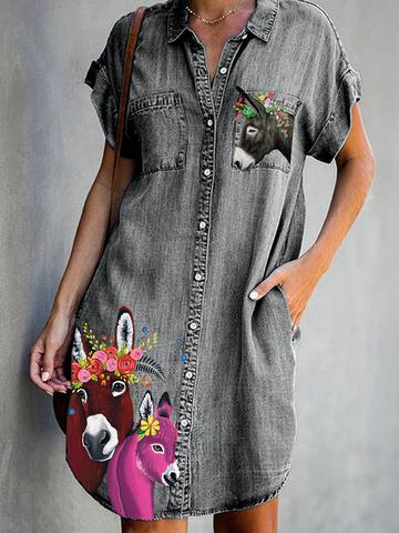 Donkey Animal Print Pockets Denim Dresses