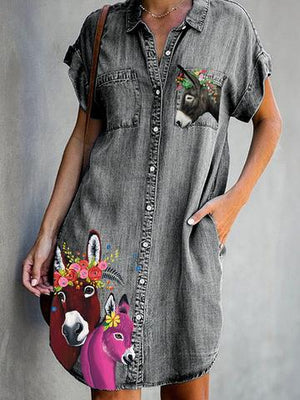 Donkey Animal Print Pockets Denim Dresses