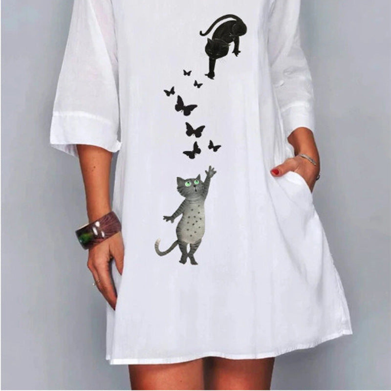 Fashion new casual three-quarter sleeve V-neck versatile half-sleeve dress