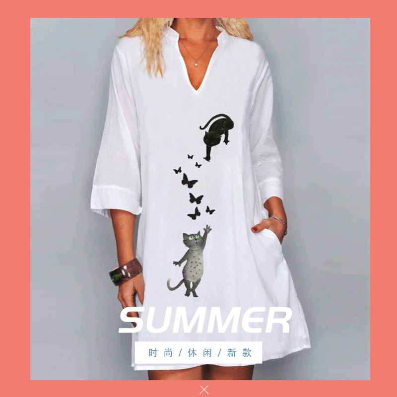 Fashion new casual three-quarter sleeve V-neck versatile half-sleeve dress