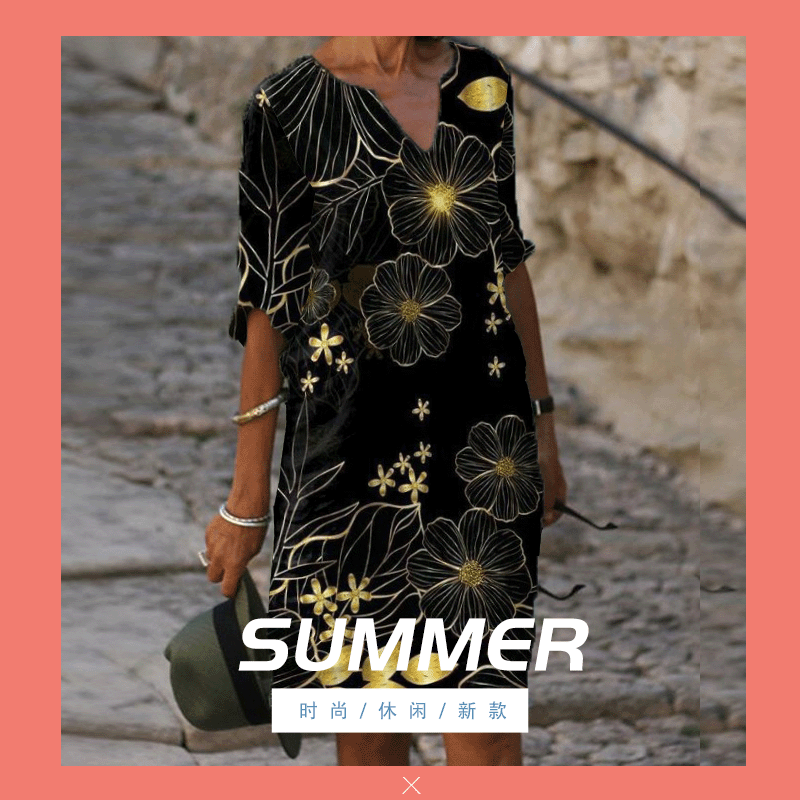 Fashion new style European and American style long print dress with hem design