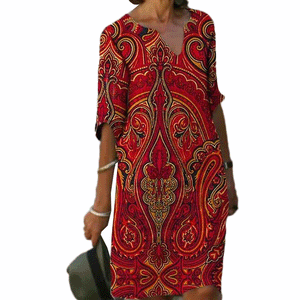 Fashion new sleeved V-neck printed mid-length dress