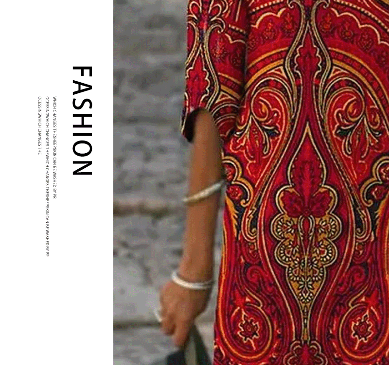 Fashion new sleeved V-neck printed mid-length dress