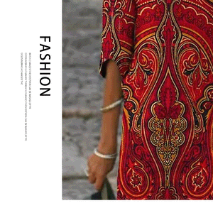 Fashion new sleeved V-neck printed mid-length dress