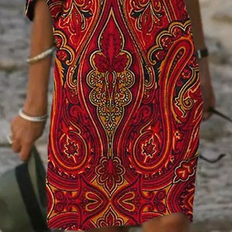 Fashion new sleeved V-neck printed mid-length dress