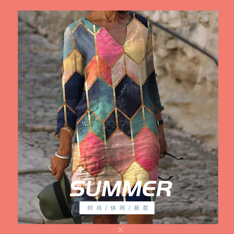 Fashion New Multicolor Printed Sweetheart Collar Color Block Pullover 7-point Sleeve Dress