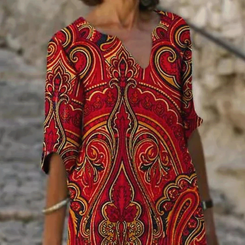Fashion new sleeved V-neck printed mid-length dress