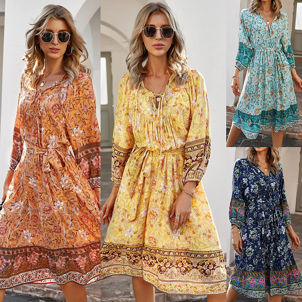 Fashion bohemian style printed dress with 7-point sleeves
