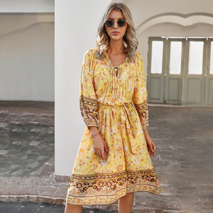 Fashion bohemian style printed dress with 7-point sleeves