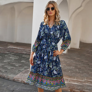 Fashion bohemian style printed dress with 7-point sleeves