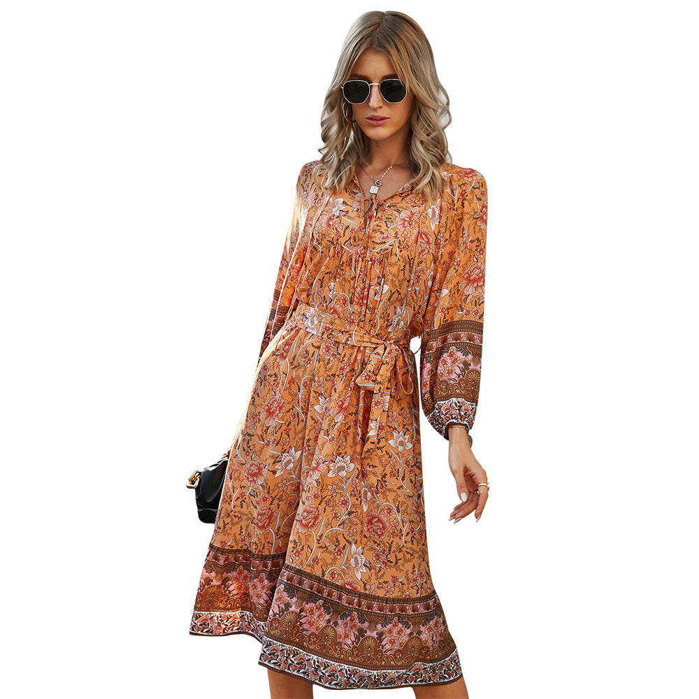 Fashion bohemian style printed dress with 7-point sleeves