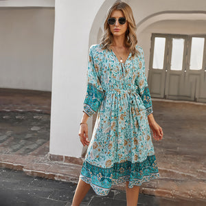 Fashion bohemian style printed dress with 7-point sleeves