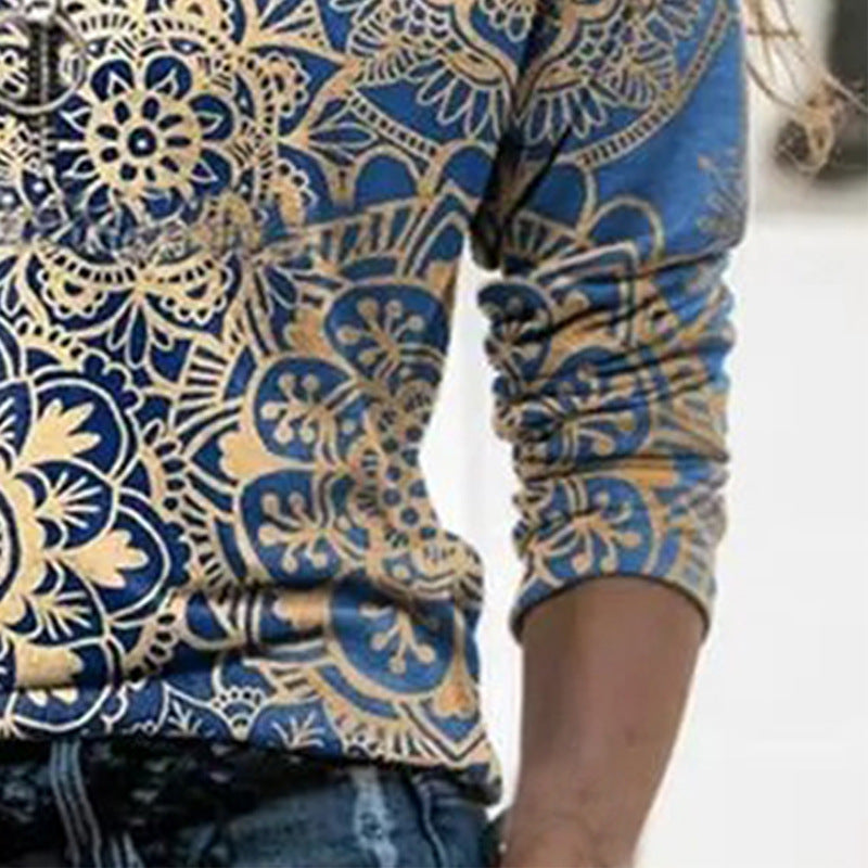 Fashion New Slim V-neck Multicolor Lapel Long Sleeve Printed T-shirt