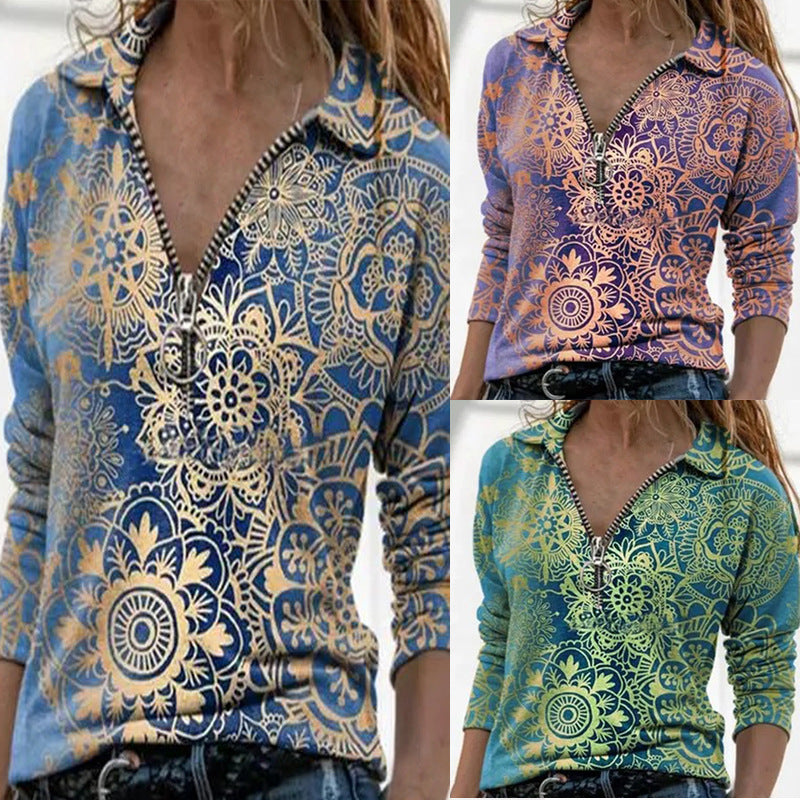 Fashion New Slim V-neck Multicolor Lapel Long Sleeve Printed T-shirt