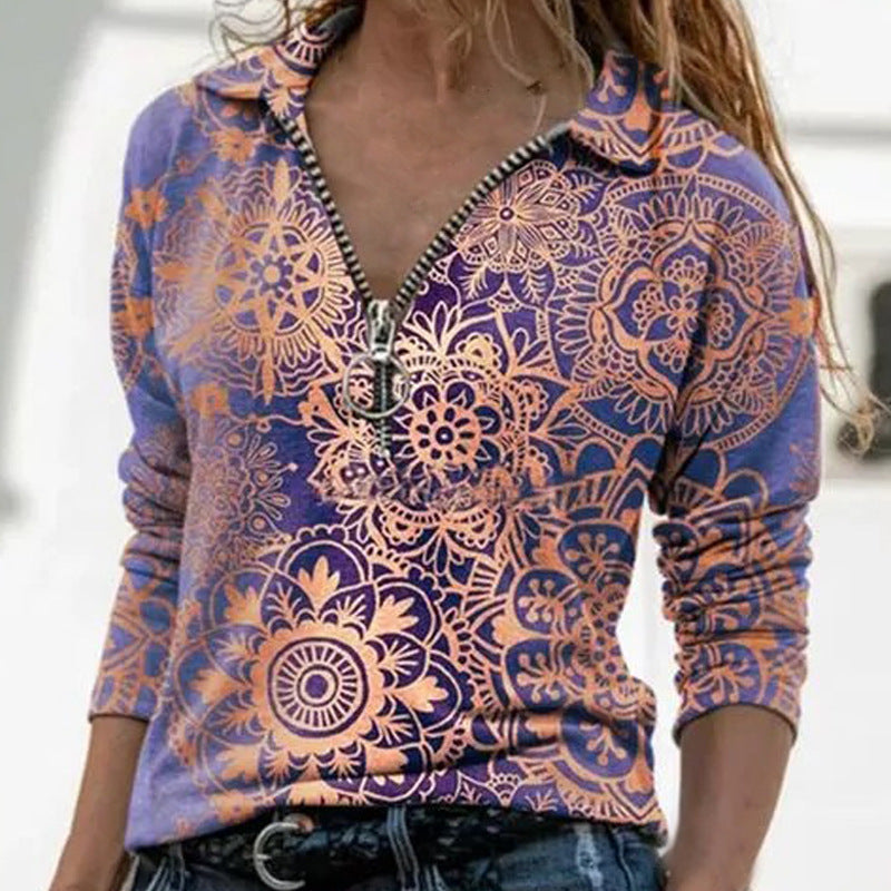 Fashion New Slim V-neck Multicolor Lapel Long Sleeve Printed T-shirt