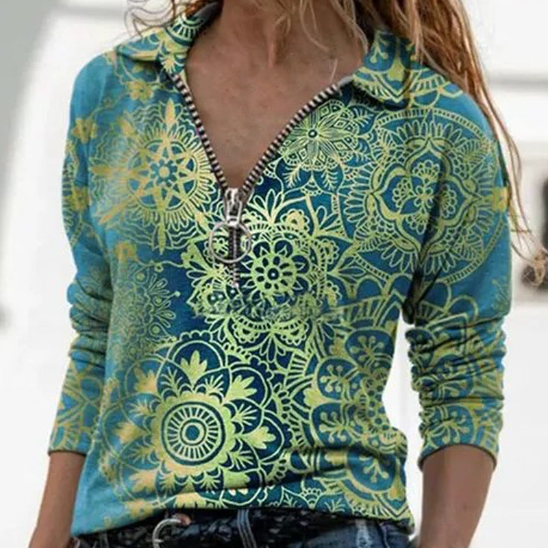 Fashion New Slim V-neck Multicolor Lapel Long Sleeve Printed T-shirt