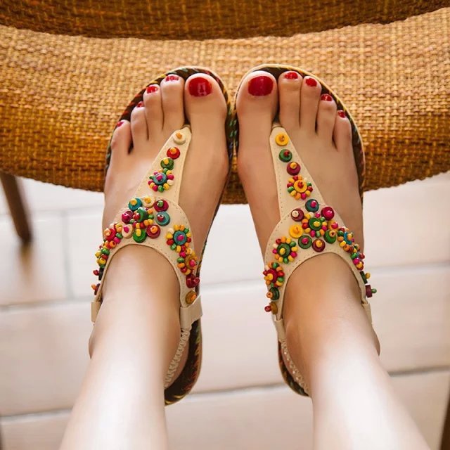 Bohemian beaded folk style flip flops flat sandals