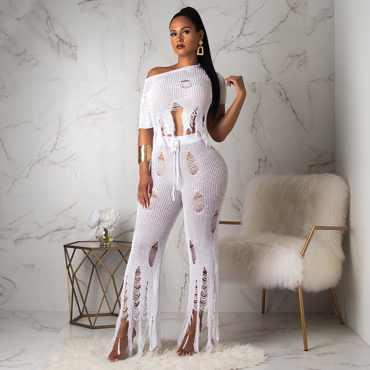 O Neck Broken Holes Two-piece Set