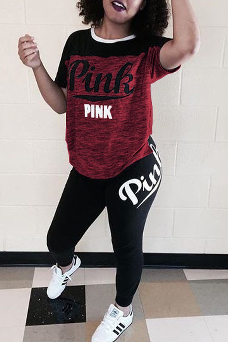 Plus Size Letter Print Color Block Top & Pants