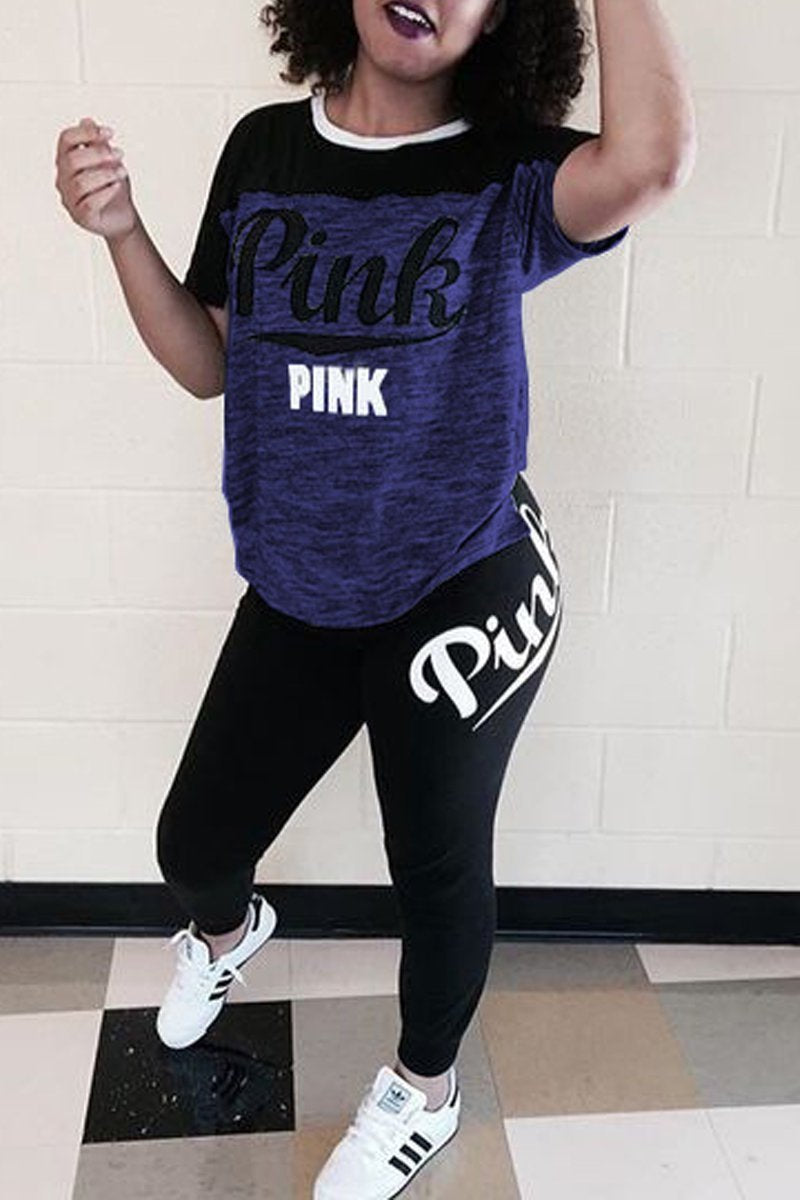 Plus Size Letter Print Color Block Top & Pants