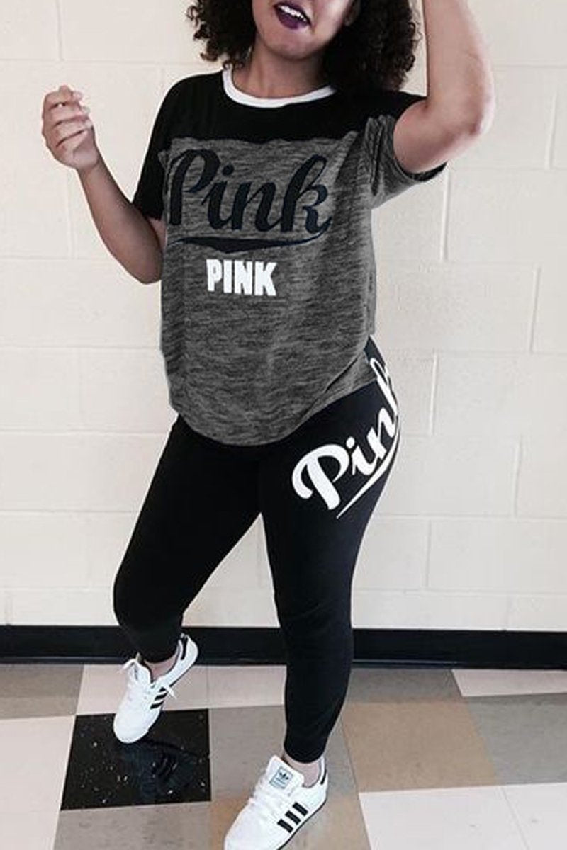 Plus Size Letter Print Color Block Top & Pants