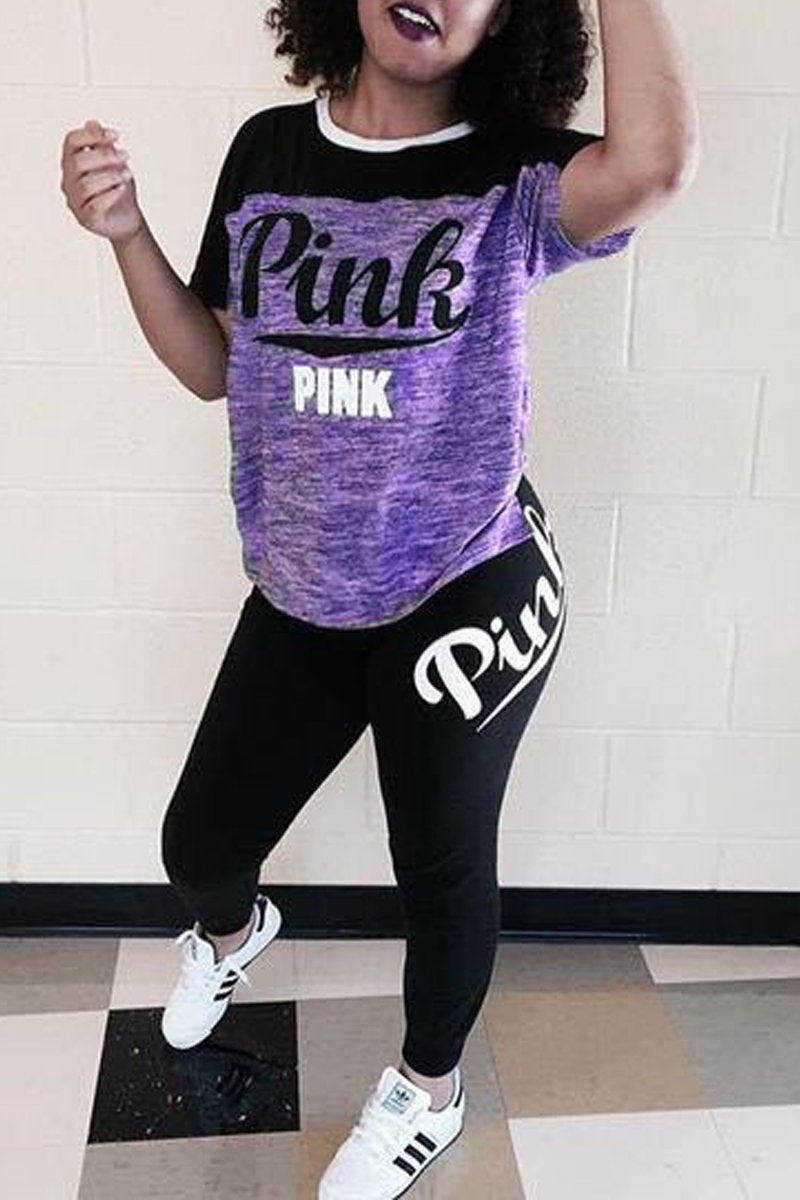 Plus Size Letter Print Color Block Top & Pants