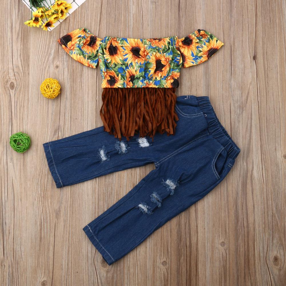 Sunflower Off Shoulder Tassel Crop T-shirt + Denim Hole Pants Jeans