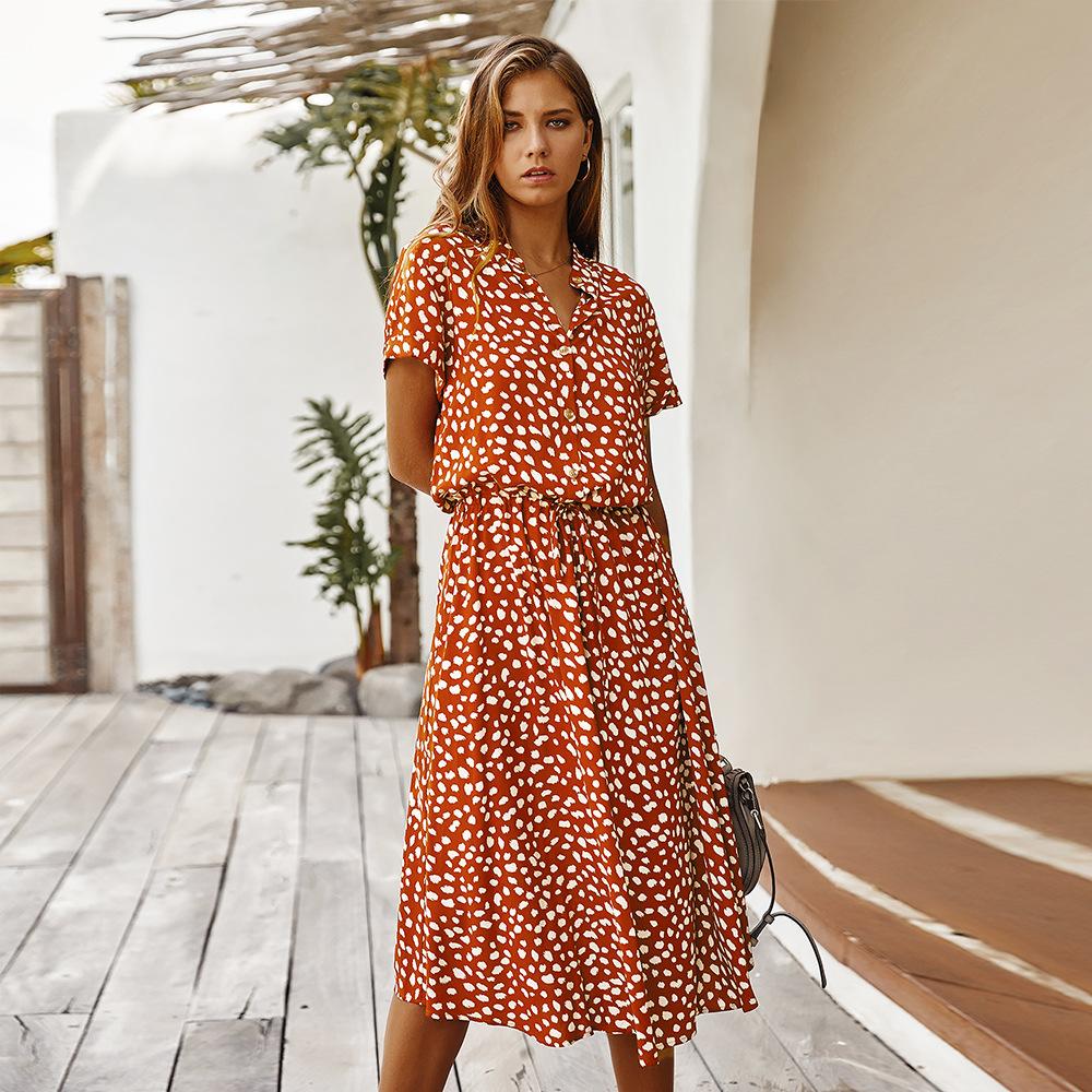 Floral Dress Women's Button Fitted Waist Lace Up Leopard Print Midi Dress