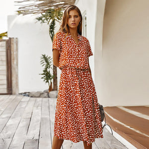 Floral Dress Women's Button Fitted Waist Lace Up Leopard Print Midi Dress