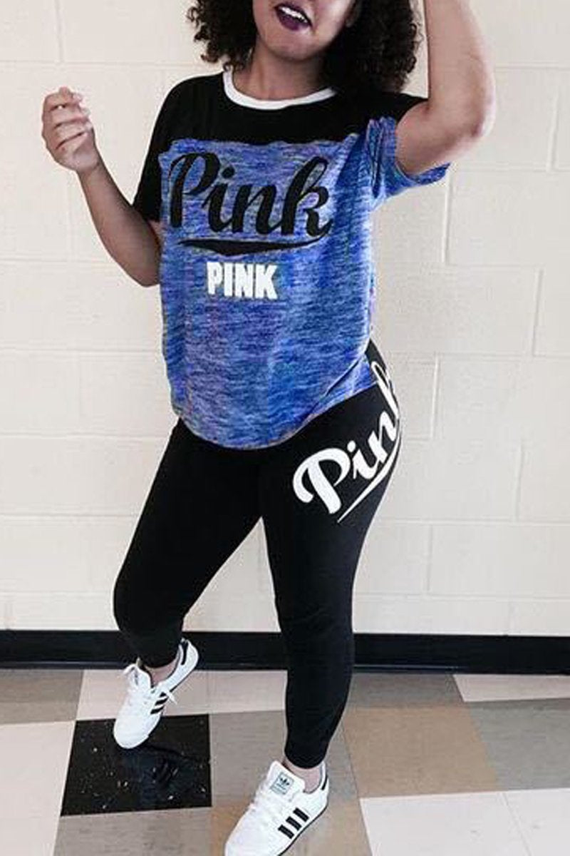 Plus Size Letter Print Color Block Top & Pants