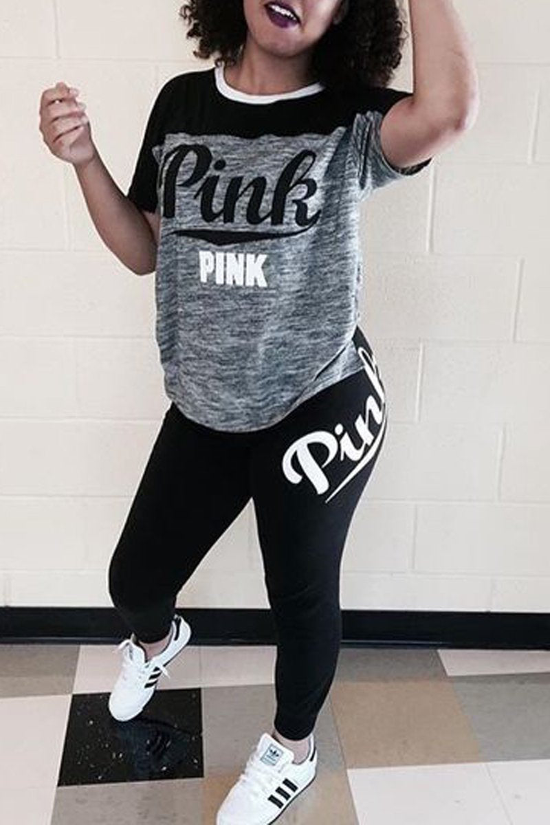 Plus Size Letter Print Color Block Top & Pants