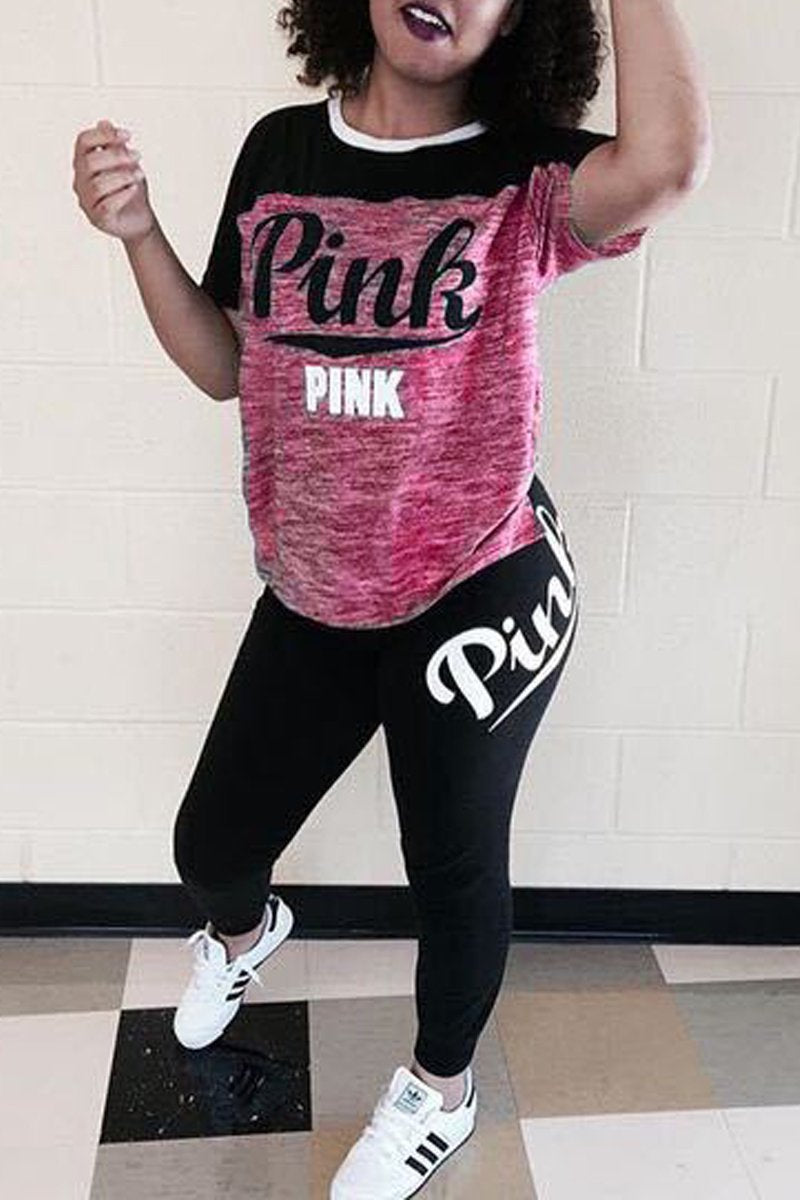 Plus Size Letter Print Color Block Top & Pants