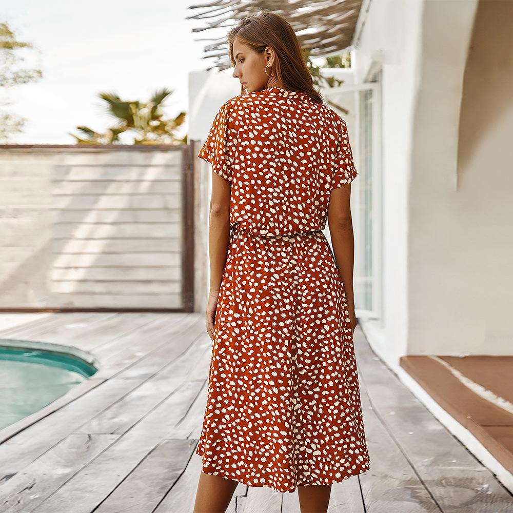 Floral Dress Women's Button Fitted Waist Lace Up Leopard Print Midi Dress