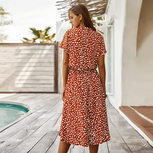 Floral Dress Women's Button Fitted Waist Lace Up Leopard Print Midi Dress