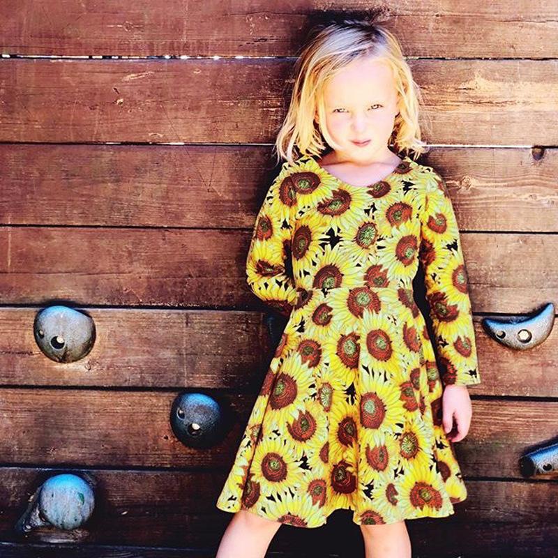 Kids sunflower O Neck Long Sleeve Dress