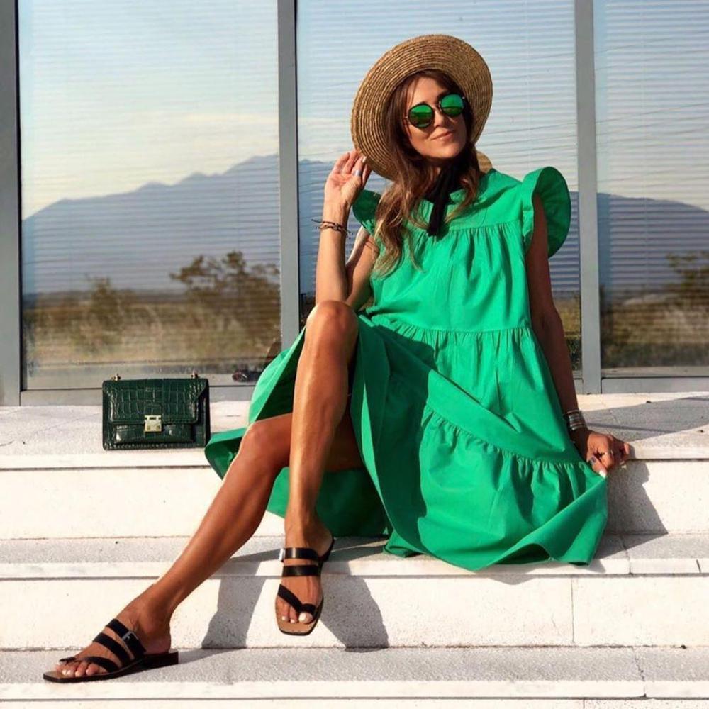 Bekzy Ruched Short Sleeve Loose Green Midi Dress