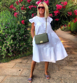 Bekzy Ruched Short Sleeve Loose Green Midi Dress
